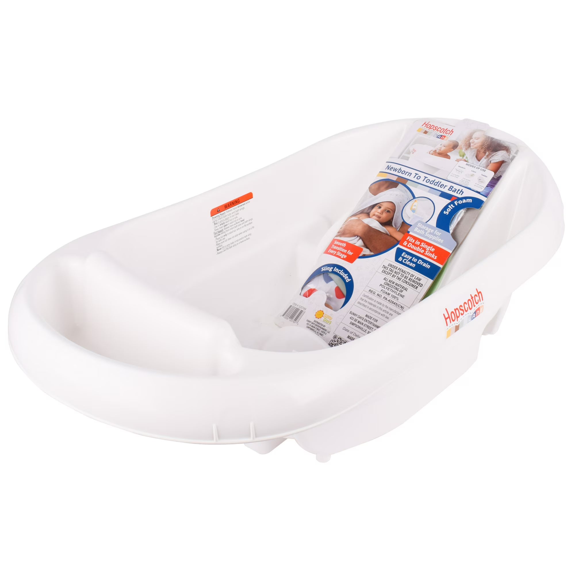Hopscotch Lane Newborn to Toddler White 3-in-1 Rigid Baby Bathtub with Sling, Ages 0+ Months, Unisex