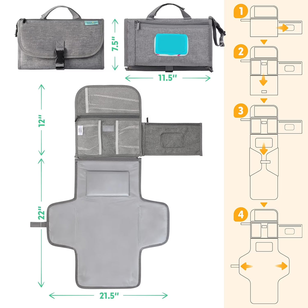 Kopi Baby Portable Diaper Changing Pad with Wipes Pocket, Travel Changing Mat for Baby, Premium Grey