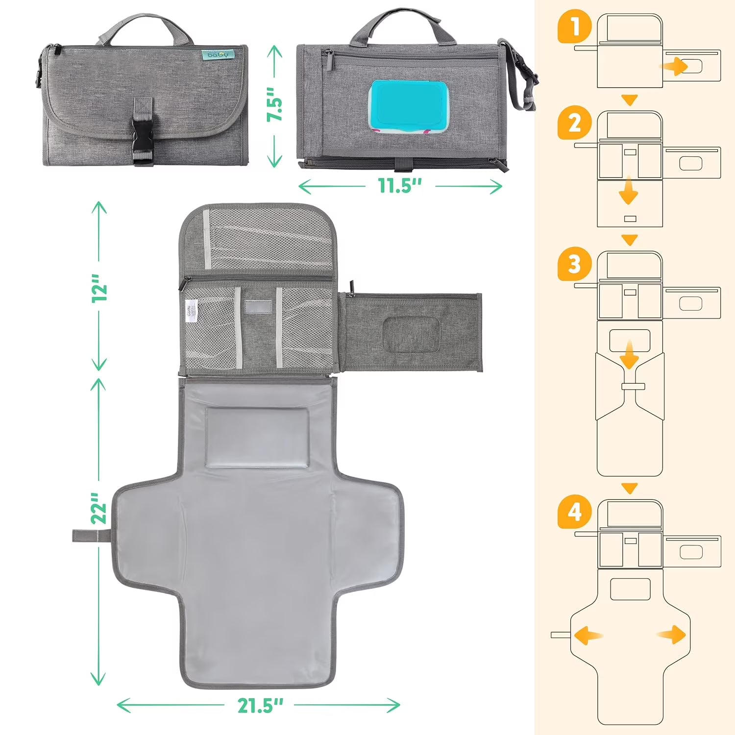 Kopi Baby Portable Diaper Changing Pad with Wipes Pocket, Travel Changing Mat for Baby, Premium Grey