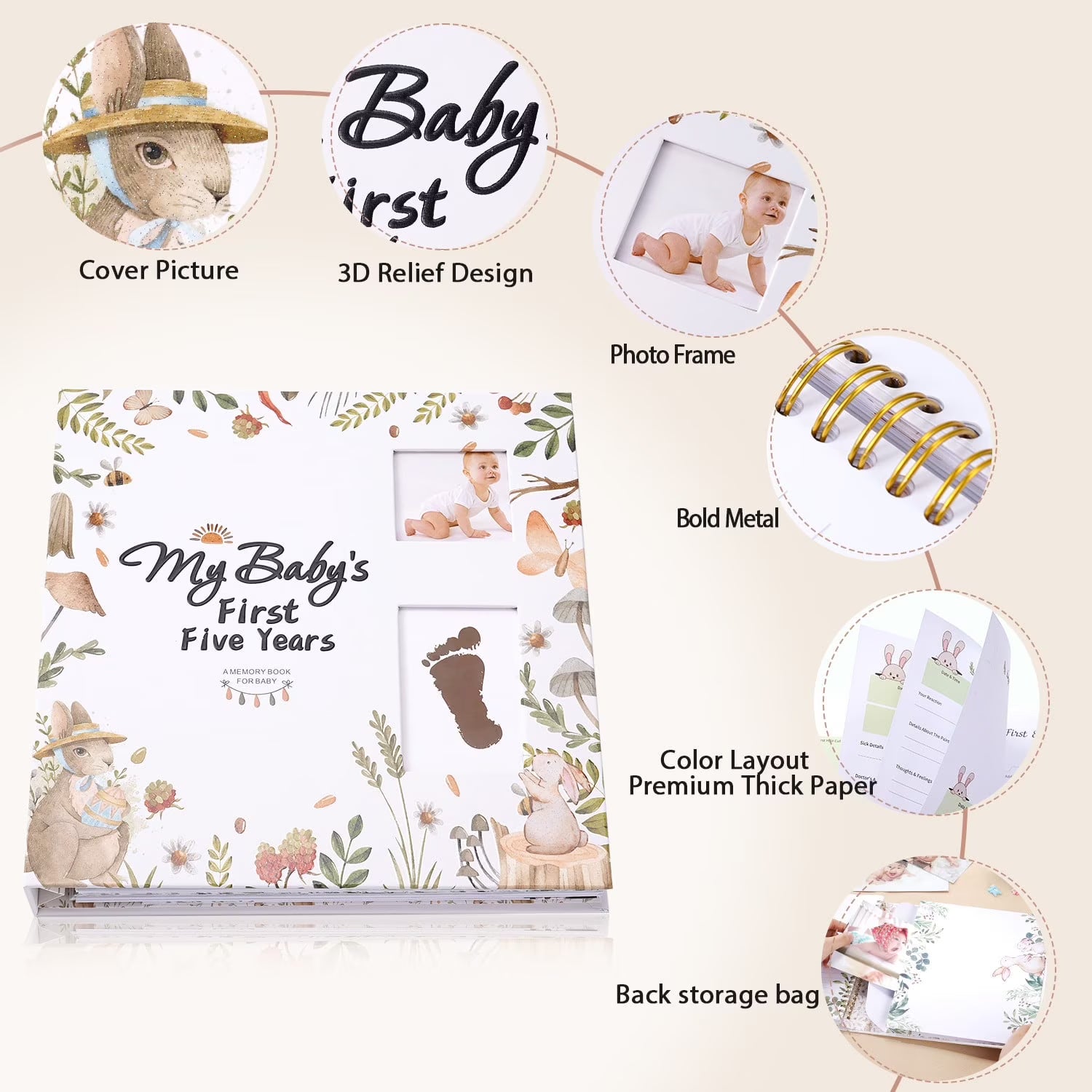 TJT Keepsake Baby Books for Newborn Baby Memory, First 5 Years Baby Memory Book Record Gift, 124 Pages Baby Album, Rabbit