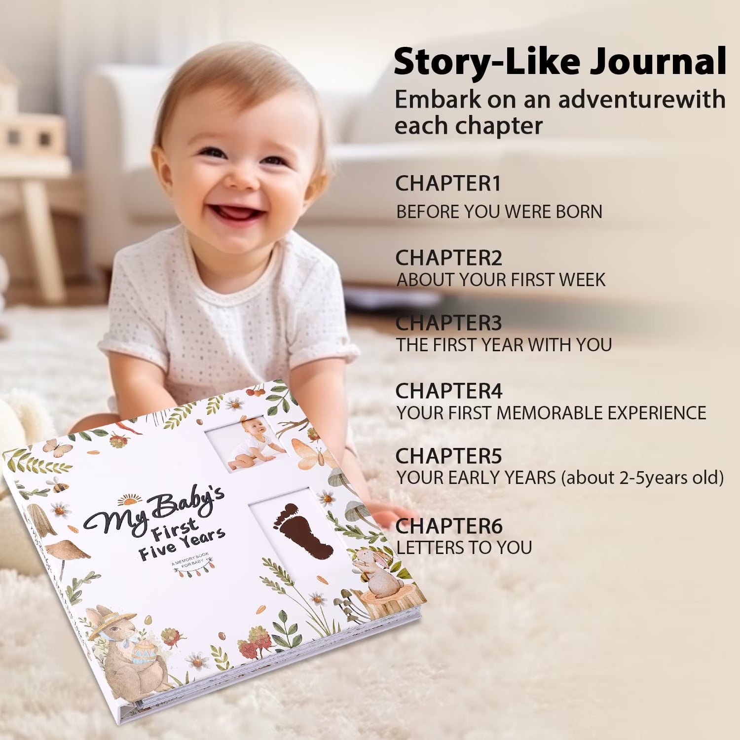 TJT Keepsake Baby Books for Newborn Baby Memory, First 5 Years Baby Memory Book Record Gift, 124 Pages Baby Album, Rabbit